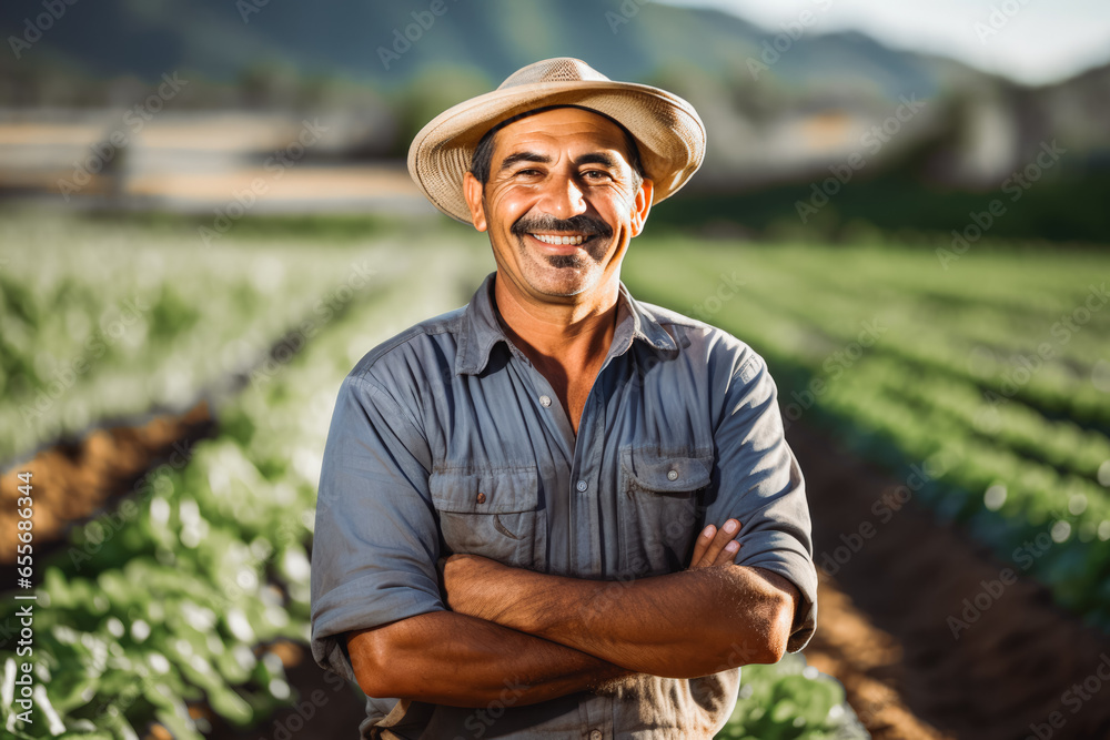 Middle age latino male farmer worker standing on a fields with straw hat and smiling, hispanic worker taking care of the fields - obrazy, fototapety, plakaty 