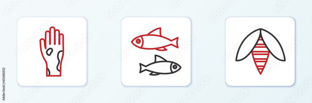 Obraz premium Set line Bee, Hand with psoriasis or eczema and Fish icon. Vector
