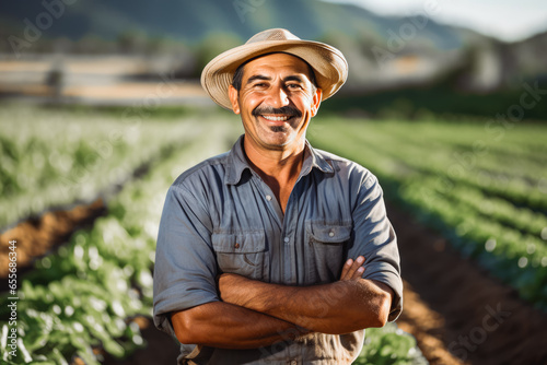 Middle age latino male farmer worker standing on a fields with straw hat and smiling, hispanic worker taking care of the fields