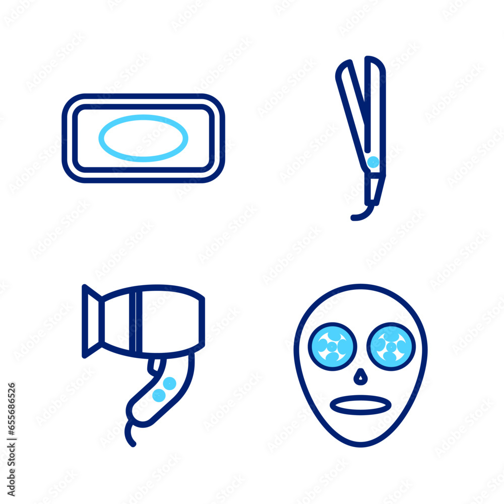 Set line Facial cosmetic mask, Hair dryer, Curling iron and Bar of soap icon. Vector Set line Facial cosmetic mask, Hair dryer, Curling iron and Bar of soap icon. Vector