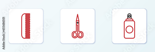Set line Spray can, Hairbrush and Scissors icon. Vector