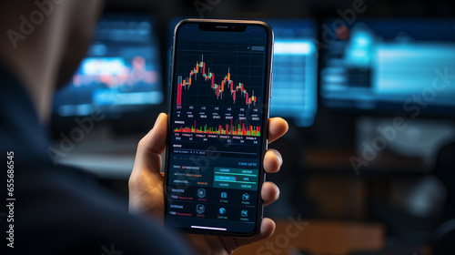 Futuristic stock exchange scene with mobile phone and laptop running concept trading app (3D illustration)