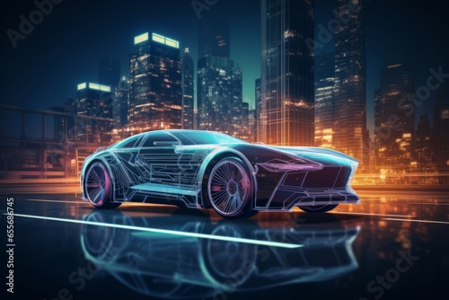 An image of a retro sports car outlined in neon wireframe against a dark cityscape, capturing the essence of 80s-inspired futuristic aesthetics. © Oleksandr