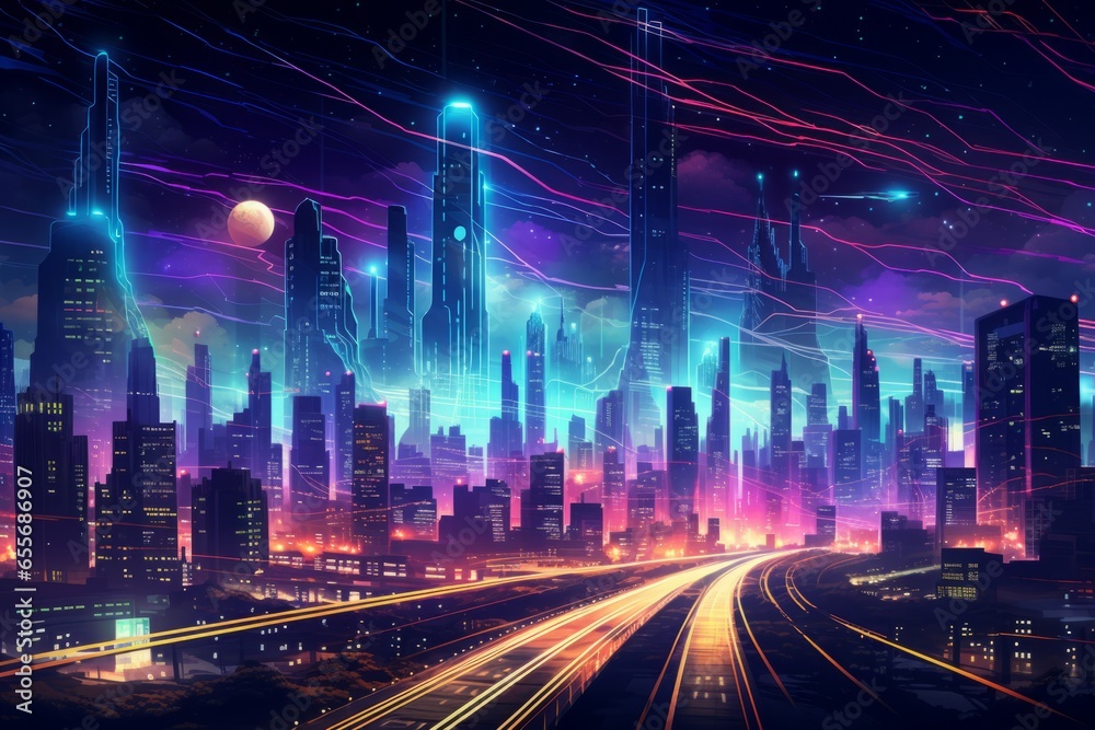 A retro-inspired wireframe cityscape against a dark, starry sky, with neon-traced skyscrapers and futuristic vehicles zipping through the urban landscape.