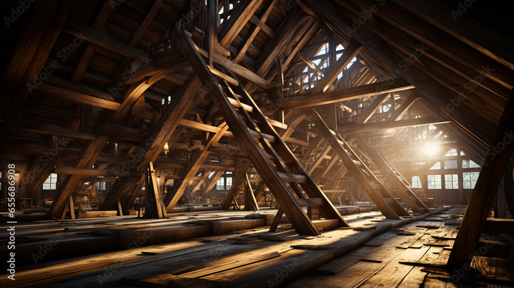 Wooden attic under the roof