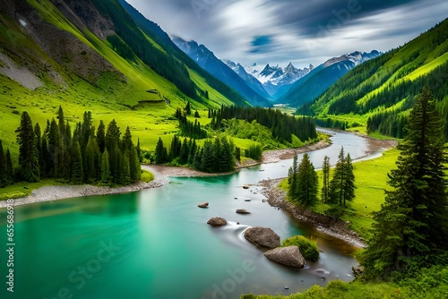 A spellbinding vista materializes, unveiling a luxuriant green valley adorned with a thick woodland and a meandering stream.




