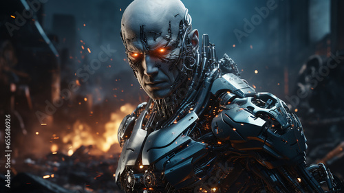 Futuristic cyborg man on the street