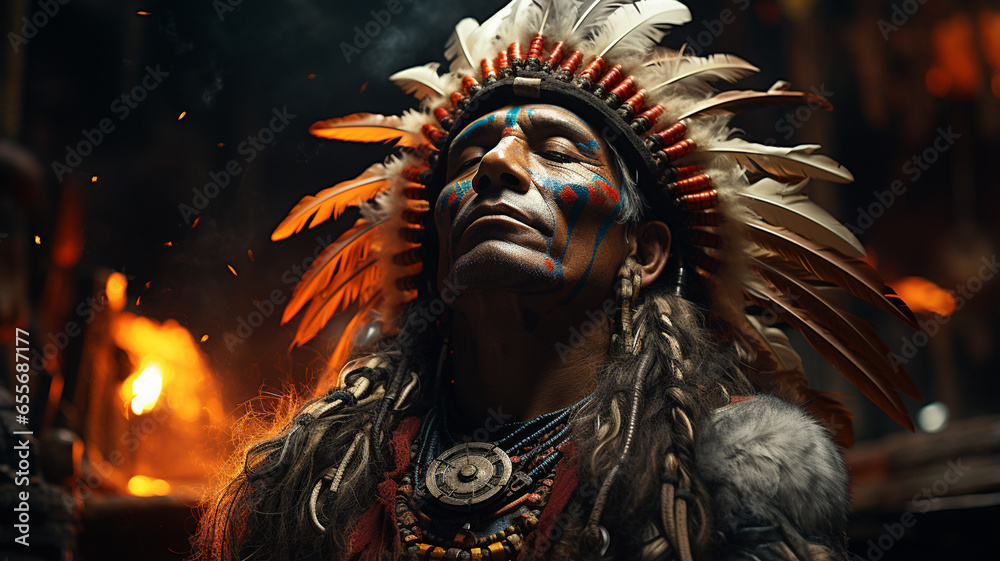 Fototapeta premium portrait of a Native American man in traditional clothing with feathers on his head and headscarf