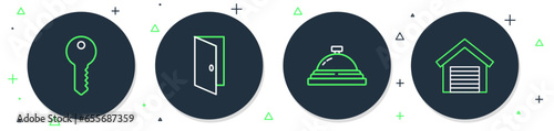 Set line Closed door, Hotel service bell, House key and Garage icon. Vector