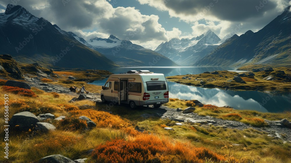 Motorhome on the road in beautiful mountains at sunrise.