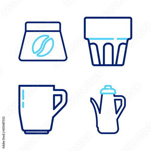 Set line Teapot  Coffee cup  Glass with water and Bag coffee beans icon. Vector