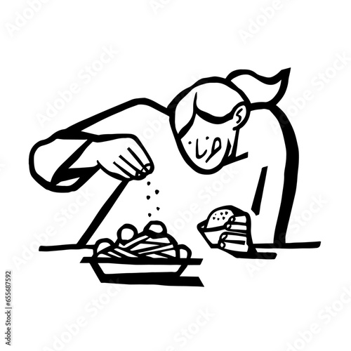 Chica haciendo pasta, ilustración en blanco y negro. Vectores, illustrator. Mujer cocinando. Cocina italiana.