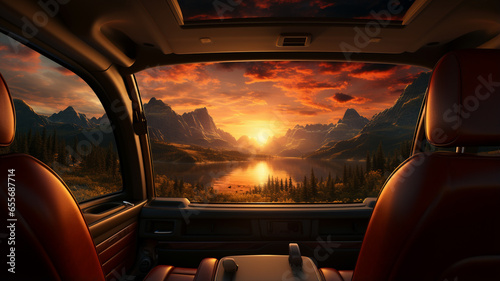 car driving through the forest at sunset