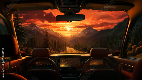 car driving through the forest at sunset