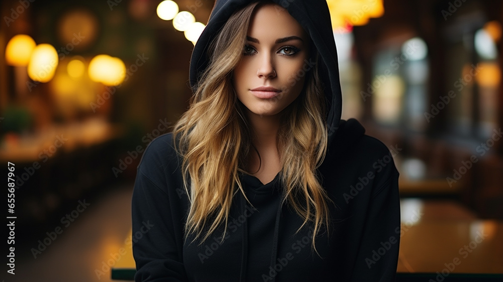 young woman in black hoodie posing in front of the camera