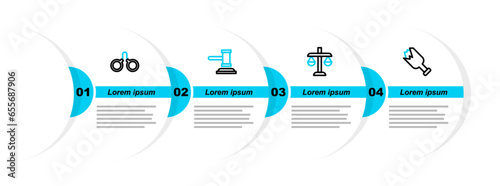 Set line Broken bottle as weapon, Scales of justice, Judge gavel and Handcuffs icon. Vector