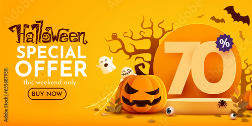 70 percents off. Halloween sale banner template. Podium and numbers with amount of discount. Special October offer.