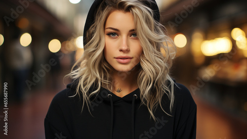 young woman in black hoodie posing in front of the camera