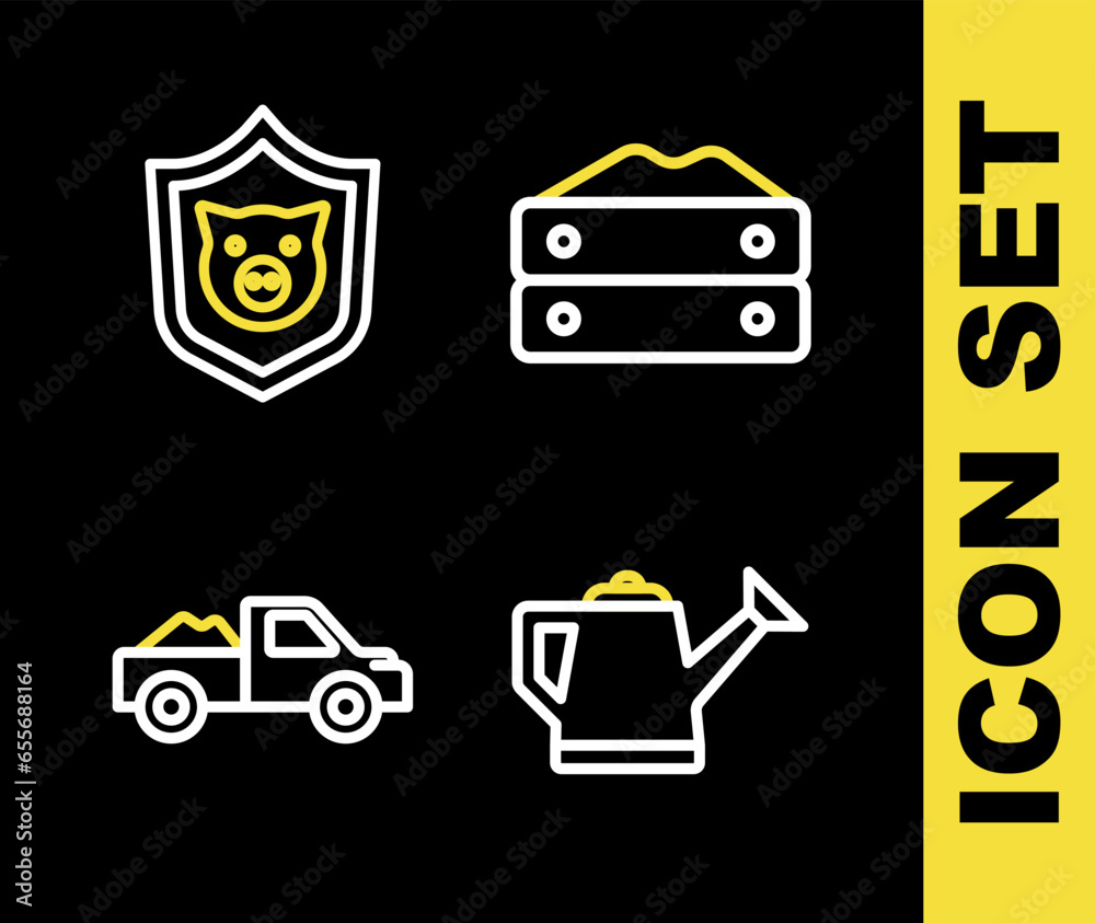 Set line Bag of flour, Watering can, Pickup truck and Shield with pig icon. Vector