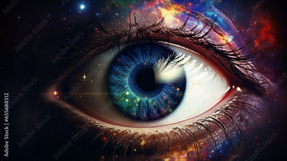 A cosmic abstract eye background with a close-up of a luminous eye reflecting the cosmos, the universe's wonders captured within its gaze. A cosmic abstract eye background with a close-up of a luminous eye reflecting the cosmos, the universe's wonders captured within its gaze.