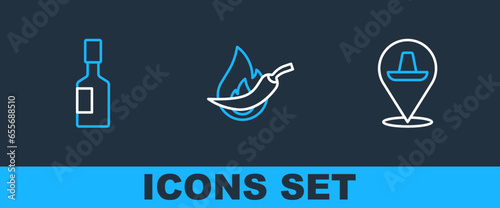 Set line Mexican sombrero, Tabasco sauce and Hot chili pepper pod icon. Vector