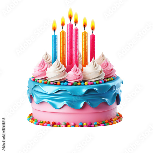 Colorful birthday cake with candles on transparent background