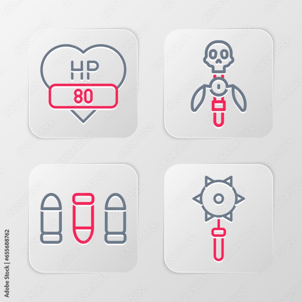 Set line Medieval chained mace ball, Bullet, Magic staff and Video game bar icon. Vector Set line Medieval chained mace ball, Bullet, Magic staff and Video game bar icon. Vector