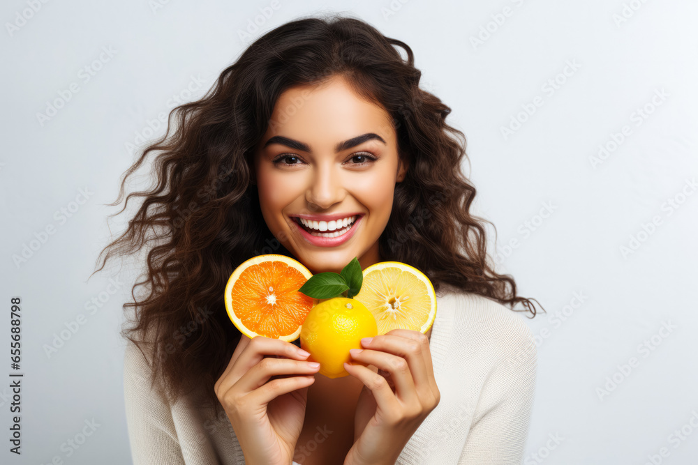 Person eating citrus fruits to boost immunity in autumn isolated on a white background Person eating citrus fruits to boost immunity in autumn isolated on a white background
