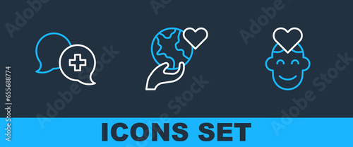 Set line Volunteer, Dialogue with doctor and Hand holding Earth globe icon. Vector