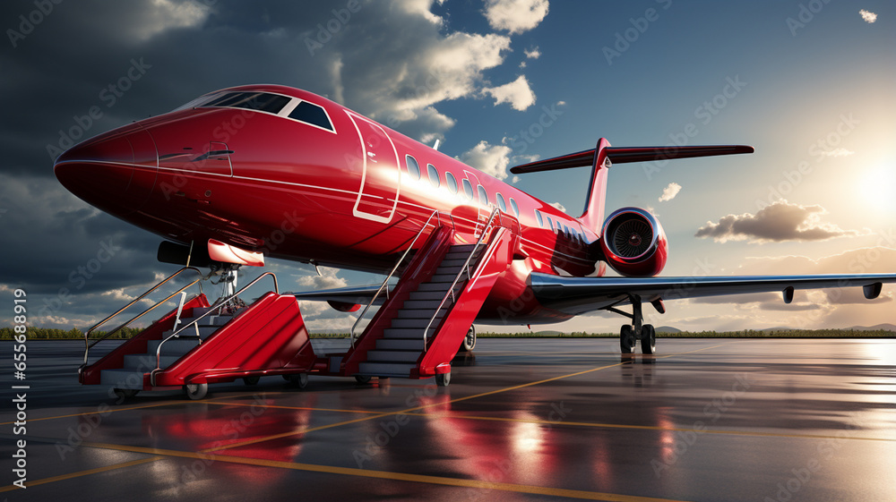 Obraz premium red private airplane on the background of the airport