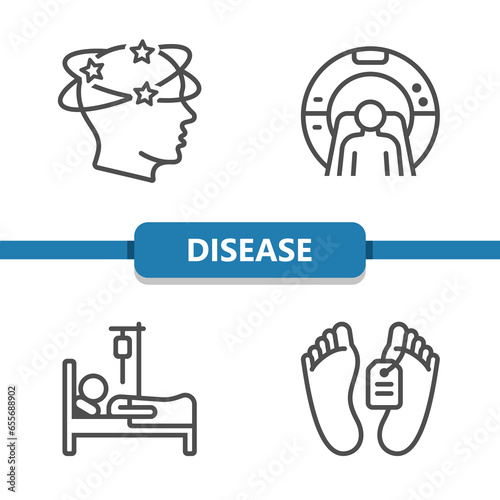Disease Icons. Headache, Dizziness, MRI, CT Scan, Death, Sick Vector Icon