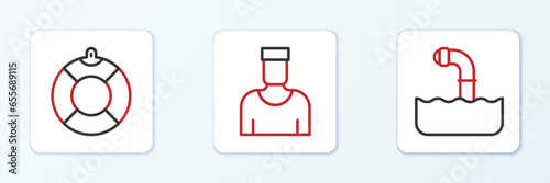 Set line Periscope, Lifebuoy and Sailor captain icon. Vector