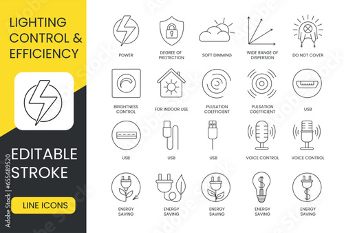 Efficient Lighting and Control Set of line icons in vector, editable stroke, pulsation coefficient, usb and for indoor use, wide range of dispersion, energy saving, brightness control, soft dimming