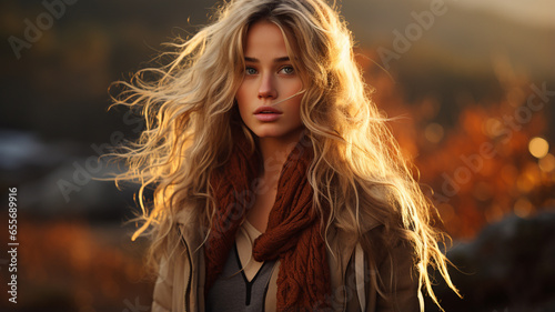 portrait of beautiful blonde girl with long hair in the evening light.