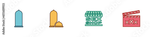 Set Condom safe sex, Condoms, Sex shop building and Movie clapper with icon. Vector