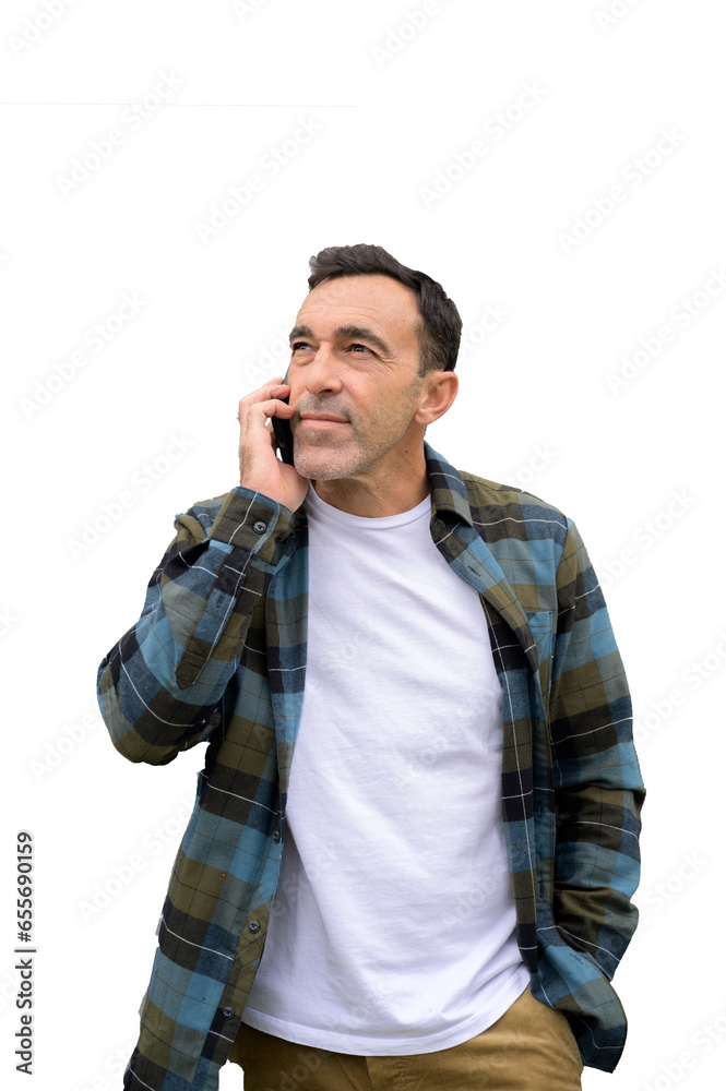 PNG of Smiling man talking on smartphone and looking away PNG of Smiling man talking on smartphone and looking away