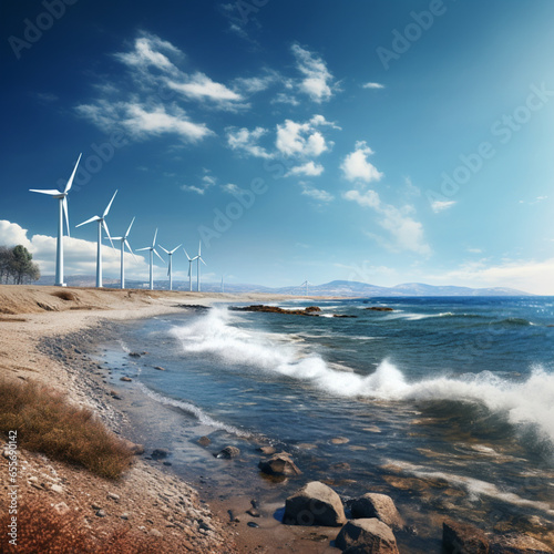 turbiny wiatrowe stojące nad brzegiem morza, w słoneczny dzień.