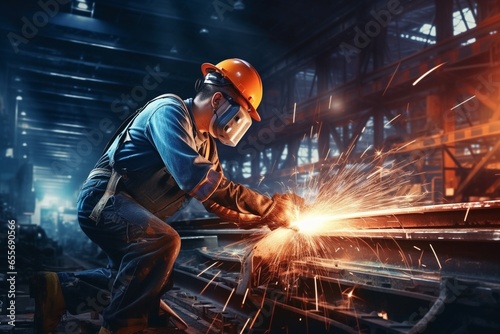 Industrial worker with protective mask welding metal at factory. Metalwork and construction concept.
