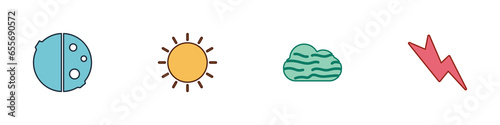 Set Eclipse of the sun, Sun, Fog and cloud and Lightning bolt icon. Vector