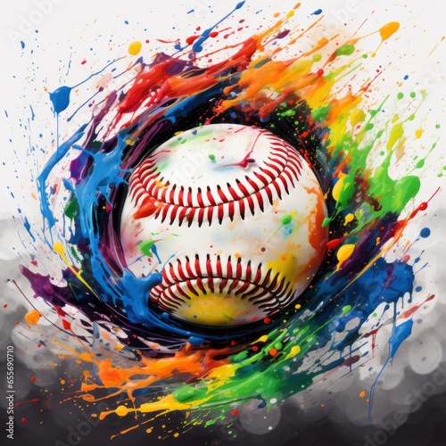 An artistic representation of a Baseball covered in splashes of vibrant paint, symbolizing the speed and agility of the game.