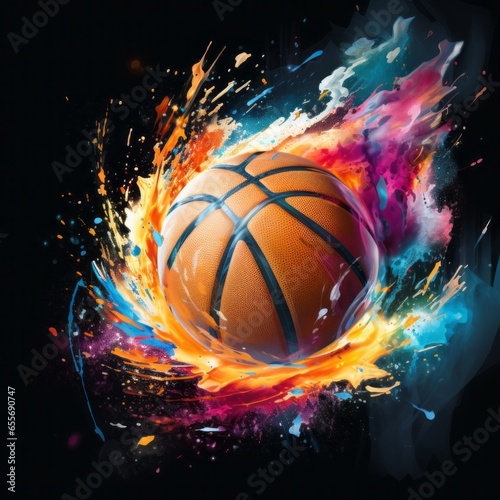 An artistic representation of a basketball covered in splashes of vibrant paint, symbolizing the speed and agility of the game. © Natalia