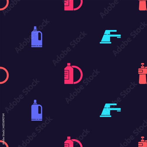 Set Water tap, Fabric softener, Dishwashing liquid bottle and plate and on seamless pattern. Vector
