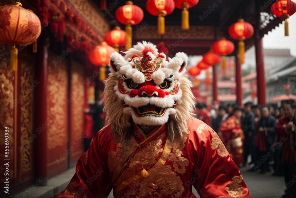 Chinese lion dance in traditional costume in chinese temple