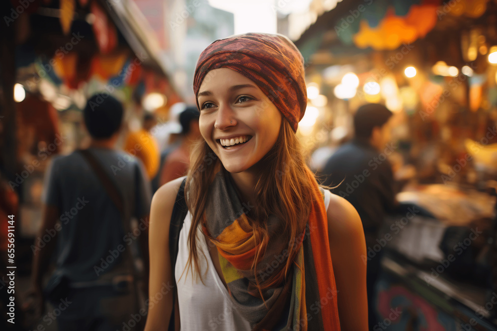 The essence of a beautiful female tourist explore traditional market