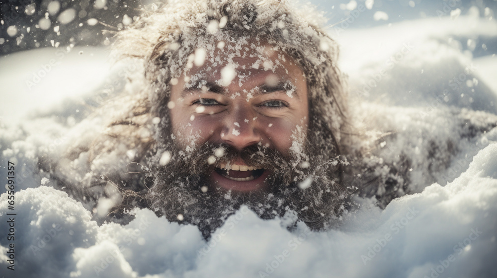 Fototapeta premium Crazy bearded man ran out of the bath on the snow.