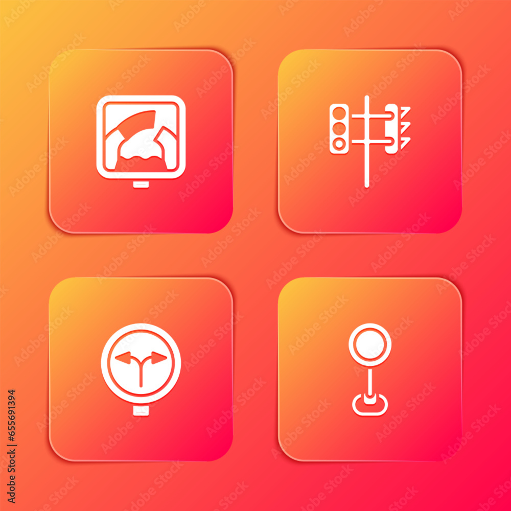 Set Drawbridge ahead, Traffic light, Fork in the road and Road traffic sign icon. Vector Set Drawbridge ahead, Traffic light, Fork in the road and Road traffic sign icon. Vector