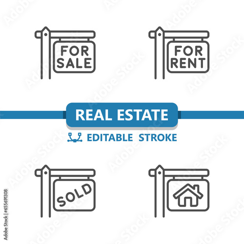 Real Estate Sign Icons. For Sale, For Rent, Sold, House Vector Icon
