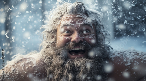 Crazy bearded man ran out of the bath on the snow. © Nataliia