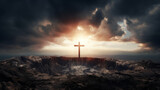 Holy cross, symbolizing the death and resurrection. Against dark clouds and sunlight