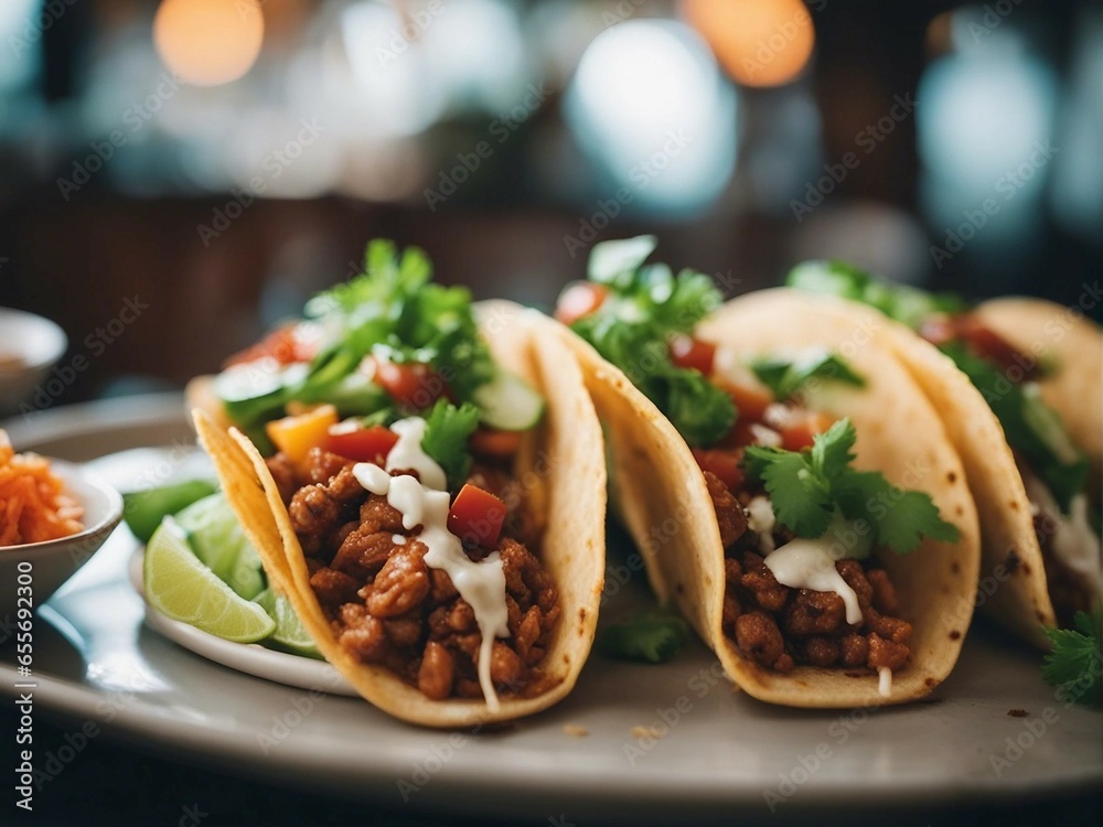 Delicious Mexican tacos with beef and vegetables at street restaurant Delicious Mexican tacos with beef and vegetables at street restaurant